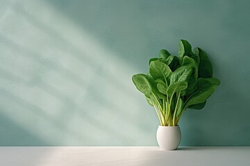 0531. Spinach in front of light pastel wall. Generative AI