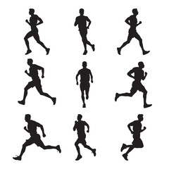 Running men, vector set of isolated silhouettes