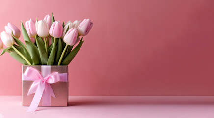 Bouquet of tulips in a brown gift box on a pink background