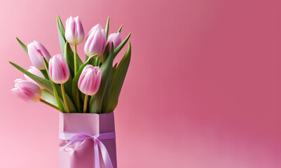 Bouquet of pink tulips with bow on a pink background