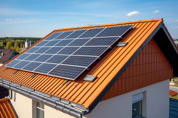 Fototapeta premium Aerial view of a private house with solar panels on the roof, alternative energy. AI generative