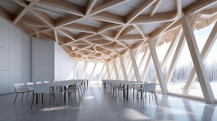 Wooden ceilings and chairs in a minimalist shape background. Generative Ai