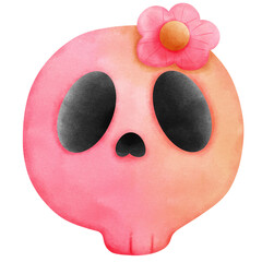 Watercolor cute skull with pink flower illustration.