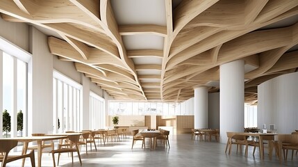 Wooden ceilings and chairs in a minimalist shape background. Generative Ai