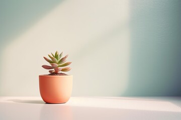 0543. Succulent in front of light pastel wall. Generative AI