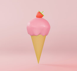 3d render of pink ice cream with red strawberry and golden waffle cone on light pink studio background. 3d Illustration of a strawberry flavour ice cream cone.