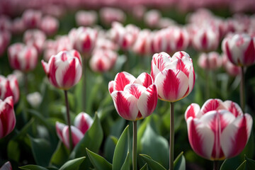 Obraz premium Pink and white tulips blooming in the field. Spring flowers.
