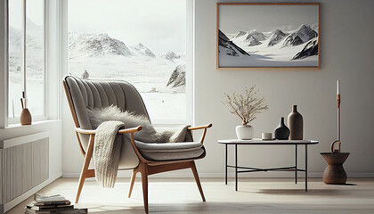 Blank horizontal poster frame mock up in minimal Scandinavian white style living room interior, modern living room interior background Ai generated image