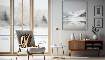 Blank horizontal poster frame mock up in minimal Scandinavian white style living room interior, modern living room interior background Ai generated image