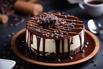 sweet cake topped with chocolate sauce and chocolate bars
