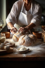 Obraz na płótnie Canvas Male hands kneading dough on sprinkled with flour table, closeup. Ai generative