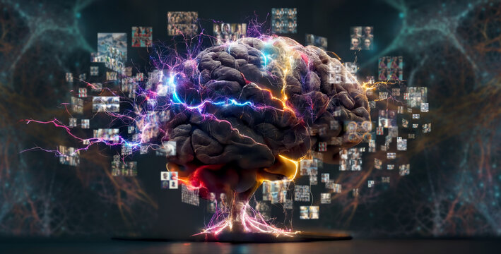 concept of a human brain full with creativity, shows multiple colors and action - generative ai image