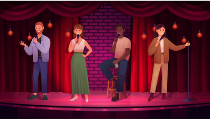 Standup, comedy show with four comedians with mic on stage vector illustration. Cartoon male female speaker characters sitting and standing, comic man and woman with microphone joking in night club - obrazy, fototapety, plakaty