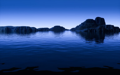 Fototapeta na wymiar Water surface and mountains at night, 3d rendering.
