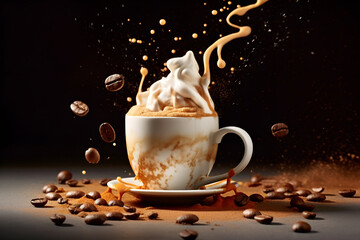 a cup of cappuccino in a dark background. delicious coffee, hot chocolate beverages photography concept