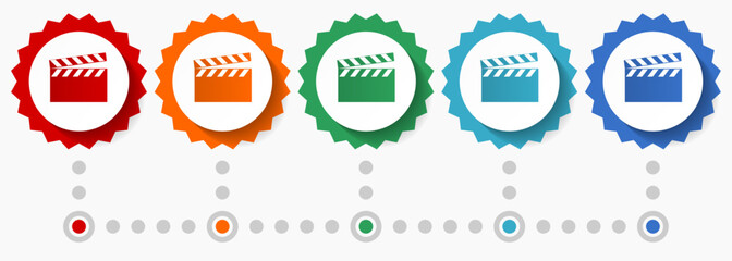 Video, cinema vector icon set, colorful infographic template, set of flat design badge icons in 5 color options