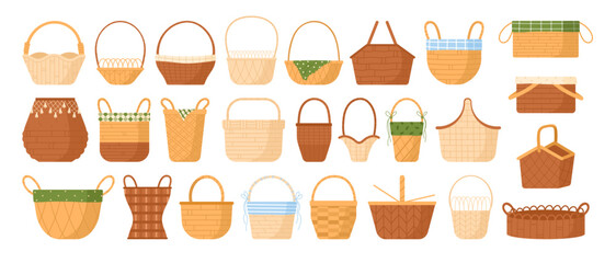 Basket set vector illustration. Cartoon isolated wooden, bamboo and straw empty basket collection with hampers of different shape, boxes for laundry storage and picnic, bags with handles for market