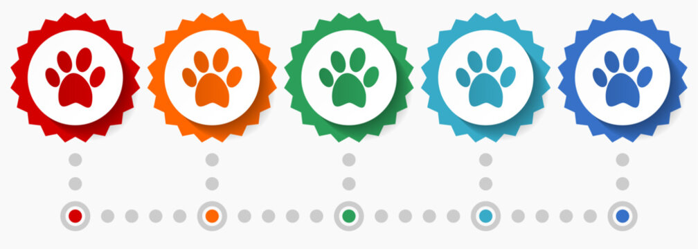 Animal foot print vector icon set, colorful infographic template, set of flat design badge icons in 5 color options