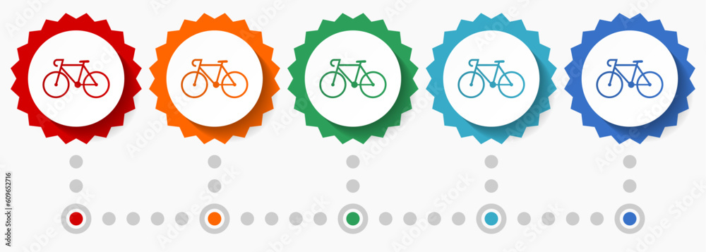Poster bicycle vector icon set, colorful infographic template, set of flat design badge icons in 5 color op