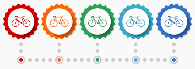 Bicycle vector icon set, colorful infographic template, set of flat design badge icons in 5 color options