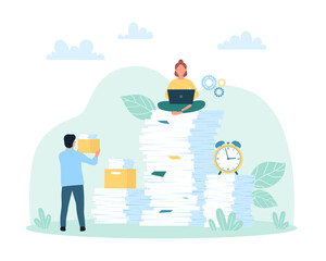 Bureaucracy and office overwork vector illustration. Cartoon tiny people work with messy stack of unorganized paper documents, employee holding archive box with paperwork and sorting for storage