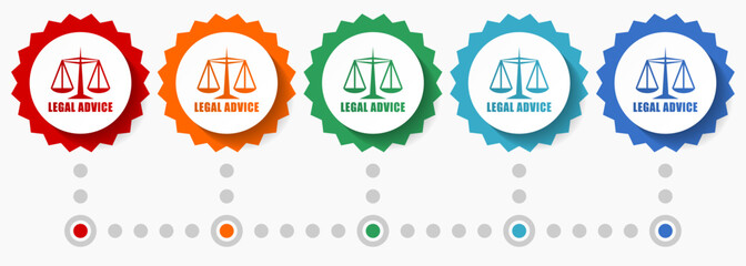 Legal advice vector icon set, colorful infographic template, set of flat design badge icons in 5 color options