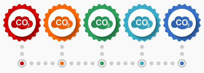 Carbon dioxide, co2 vector icon set, colorful infographic template, set of flat design badge icons in 5 color options
