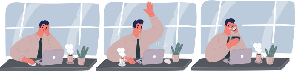Vector illustration of Set of Businessman Support call center man working in office scense. Boaring, chating with collegues online and shopping