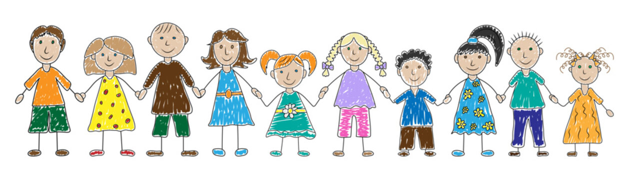 Group of happy kids hand drawn style. Color painted preschool children holding hands. Vector illustration