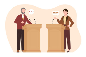 Political debates between two politicians and leaders at podiums vector illustration. Cartoon man and woman stand at tribunes on public meeting, candidates talk arguments in polemic conversation
