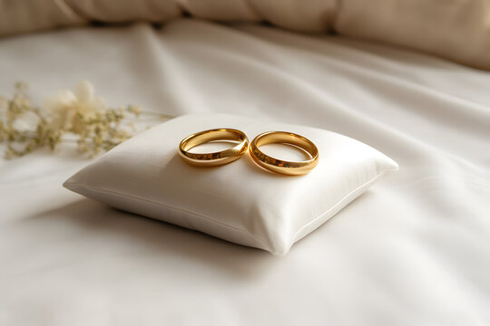Modern Golden Rings on Wedding Pillow - Generative AI