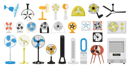 Electric fan set vector illustration. Cartoon isolated conditioning appliances and fan ventilators of different types for ventilation of office and home, cooling equipment for ceiling, desk and wall