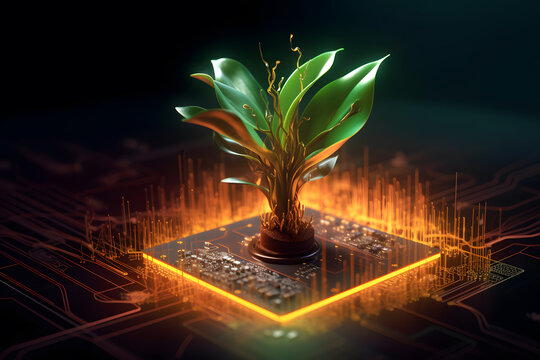 Sustainable Growth: Plant Emerging from Processor on Circuit Board - Generative AI