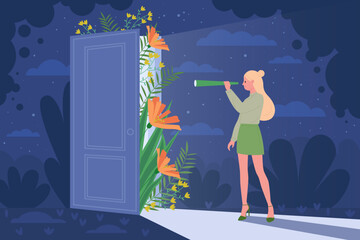 Look into unknown future ahead and vision of success way, curiosity concept vector illustration. Cartoon woman looking through telescope at open door with beautiful flowers inside and beam of light