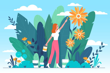 Optimistic positive mindset and good mood, psychology concept vector illustration. Cartoon happy girl holding paintbrush to paint beautiful flowers, color world, enjoy and change life with optimism