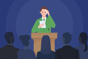 Fear of public speaking, glossophobia vector illustration. Cartoon nervous male speaker character standing at podium with microphones in front of audience, fright and anxiety of shy person on stage - obrazy, fototapety, plakaty