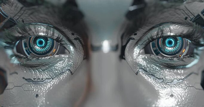Artificial intelligence dominance, a female robot awakening, opening digital eyes, cyberpunk concept on transparent background
