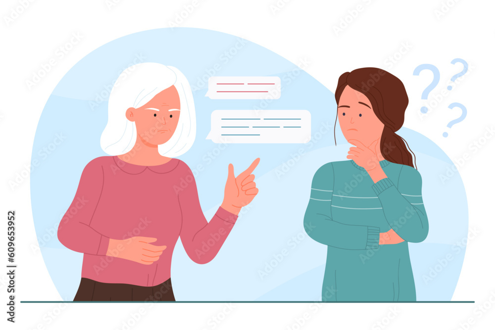 Wall mural Communication problem of young vs old generation of people vector illustration. Cartoon young confused daughter misunderstanding mother and grandmother, misunderstanding and toxic relationship