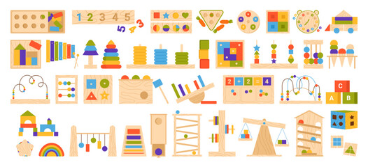 Education logic wooden toys for Montessori games set vector illustration. Cartoon isolated kindergarten wood equipment collection with rainbow puzzles, blocks of different shape for preschool toddlers