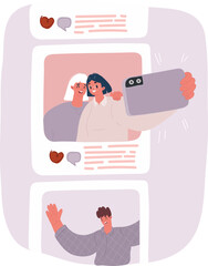 Vector illustration of scrolling. Social media photo friends together