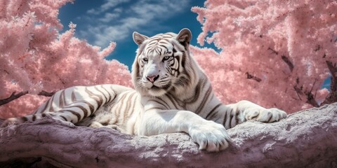 A white tiger against the backdrop of a beautiful sakura garden. Generative Ai