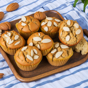 AI generative image. Board with tasty almond muffins