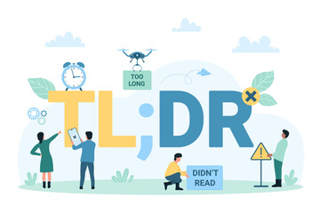 TLDR abbreviation, too long didnt read, marketing message and acronym vector illustration. Cartoon tiny people standing and pointing at TLDR letters and definition, internet communication slang