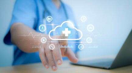A medical worker touch technology cloud computing medical cross shape and healthcare, Virus...
