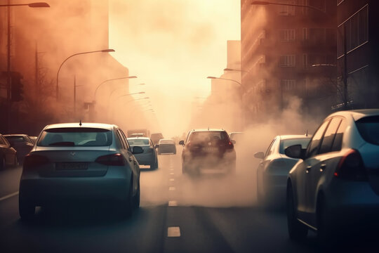 Back view cropped image of cars are driving a city with smoke rising. Pollution from the exhaust of cars in the city. AI generative