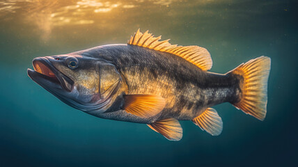 bass underwater for fishing concept created with Generative AI technology