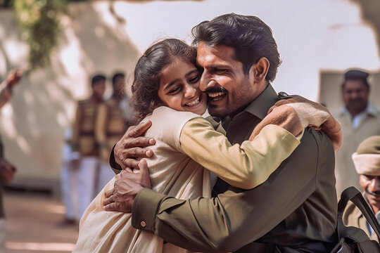 reunion of father and daughter, father's day, father comes back from military war national service, father hugs his little girl, girl welcoming her father, loving warm emotional moment, generative ai