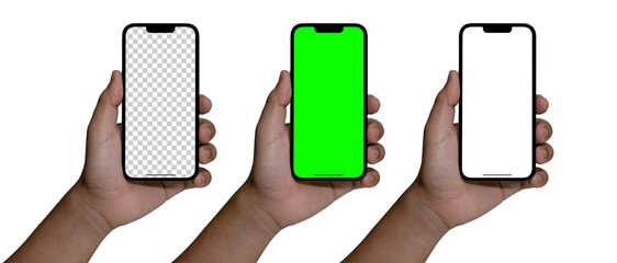 Obraz na płótnie Canvas Smartphone similar to iphone 14 with blank white screen for Infographic Global Business Marketing Plan, mockup model similar to iPhone isolated Background of digital investment economy, green screen