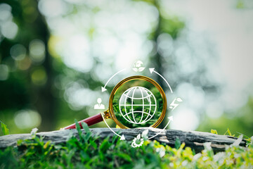 Circular economy concept, recycle, environment, reuse, production, waste, consumer, resources icon on magnifying glass. infinite eternity Circular economy for business growth and sustainable future