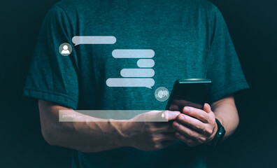 The concept of using digital media, and social media. Surfing online, male hand using smartphone To talk to interact with the AI ​​system, remote work concept, working from home via the Internet